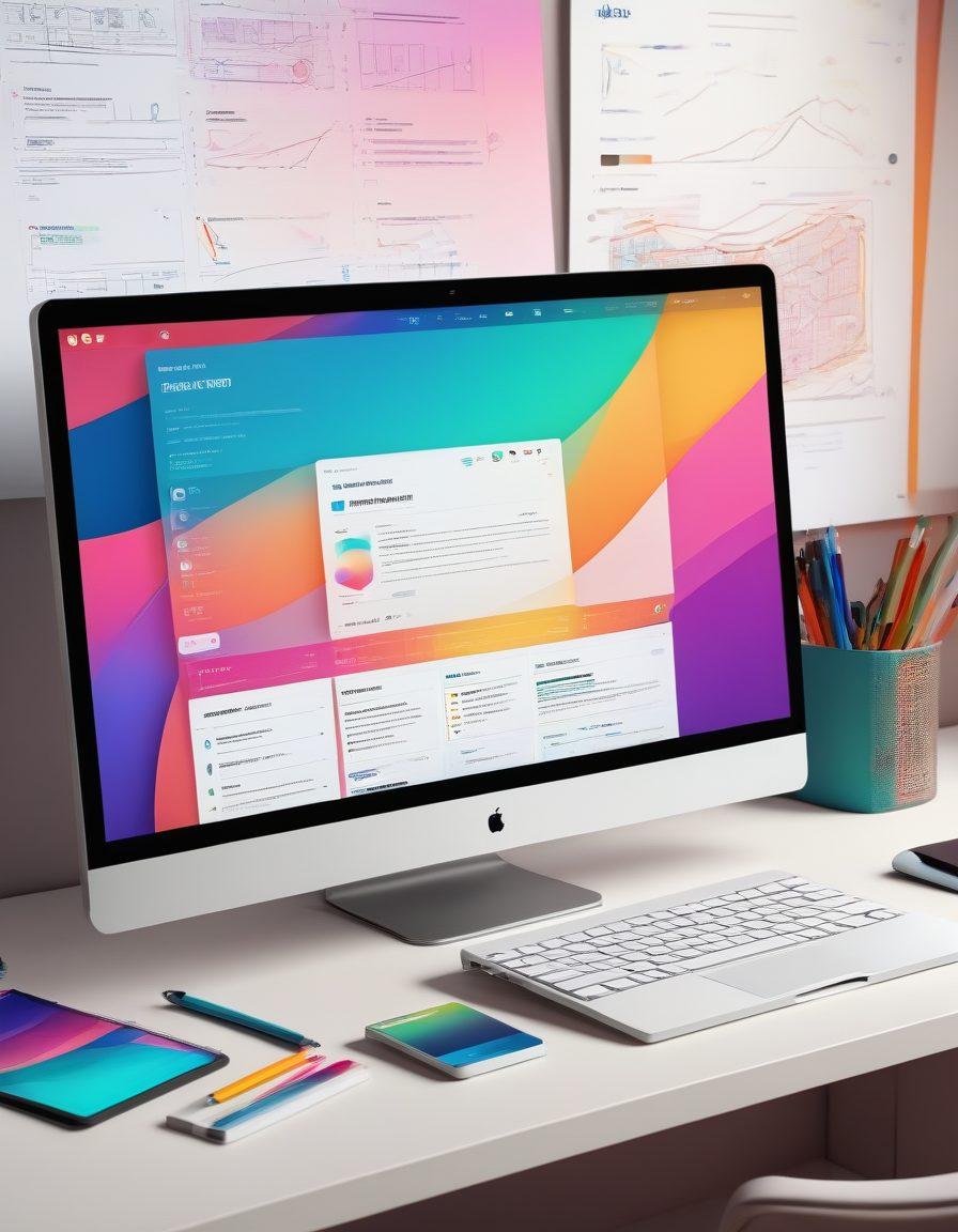 A sleek and modern web design workspace featuring a high-resolution computer screen displaying a beautifully designed website, surrounded by design tools like sketchpads, color palettes, and UI/UX drafts. The background should give a subtle hint of an innovative digital world through abstract tech elements. Super-realistic, vibrant colors, clean and professional.