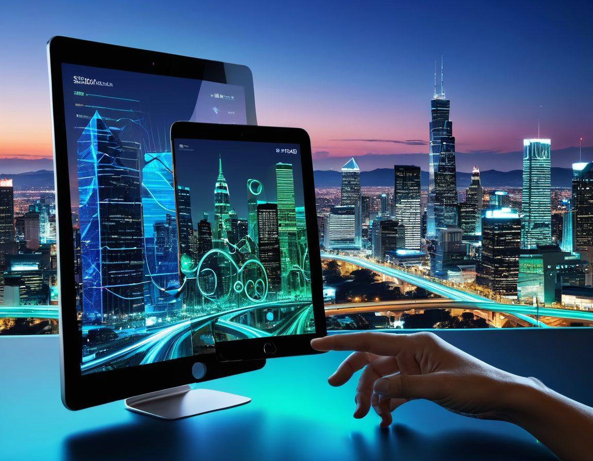 A dynamic split-screen image showcasing a futuristic city skyline illuminated by digital data streams on one side, and a sleek, cutting-edge mobile device displaying a beautifully designed website on the other. Both halves should be seamlessly integrated with imagery of interconnected gears, network lines, and magnifying glasses representing SEO. The color palette should be vibrant, with a focus on blues, greens, and neon accents to convey a modern, digital feel. high-tech, 3D, vibrant colors.
