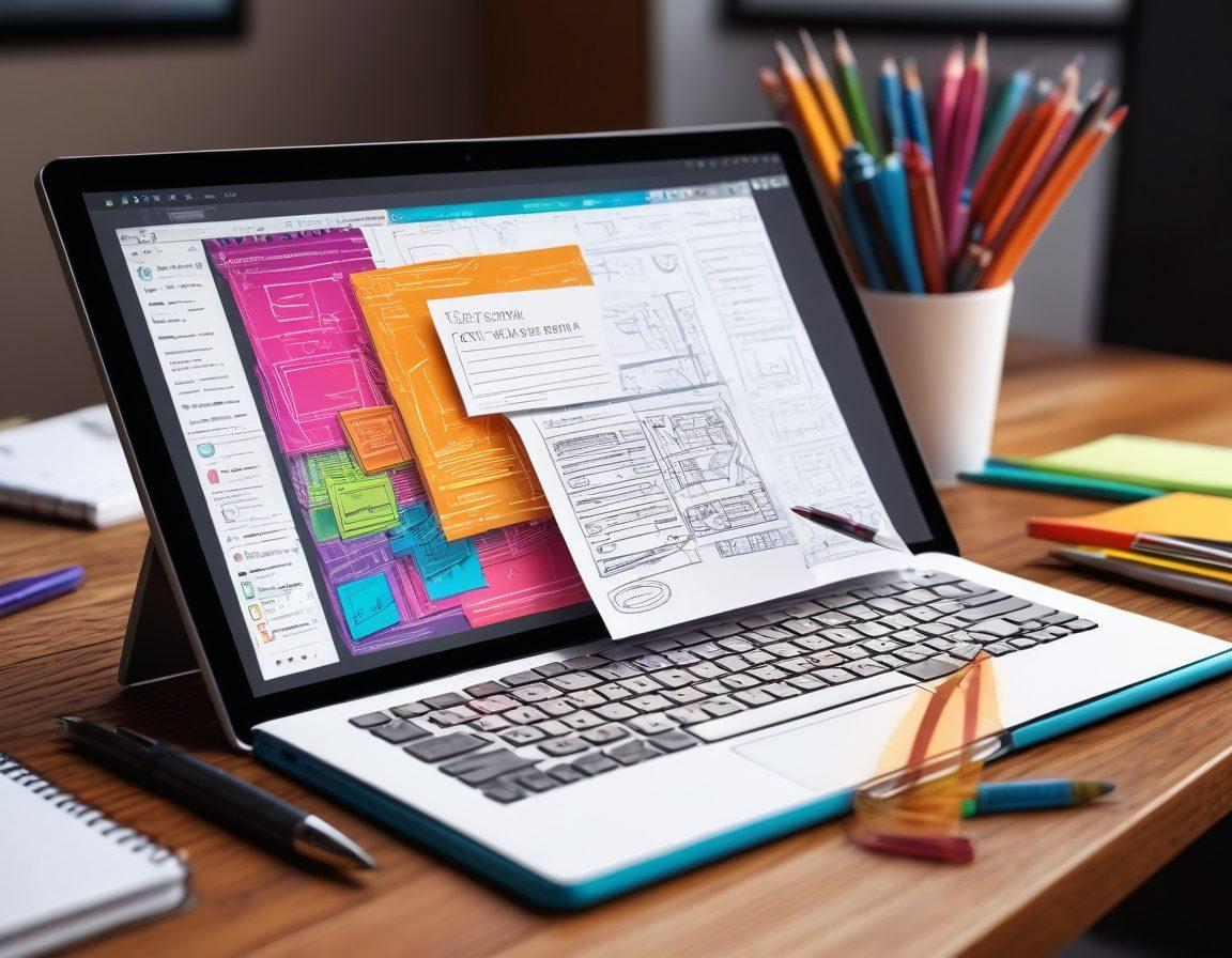 A vibrant journey from a sketch on a notepad to a sleek, professional website on a high-resolution monitor, with icons, code snippets, and design tools floating around, symbolizing the creative process. super-realistic. vibrant colors. digital art.